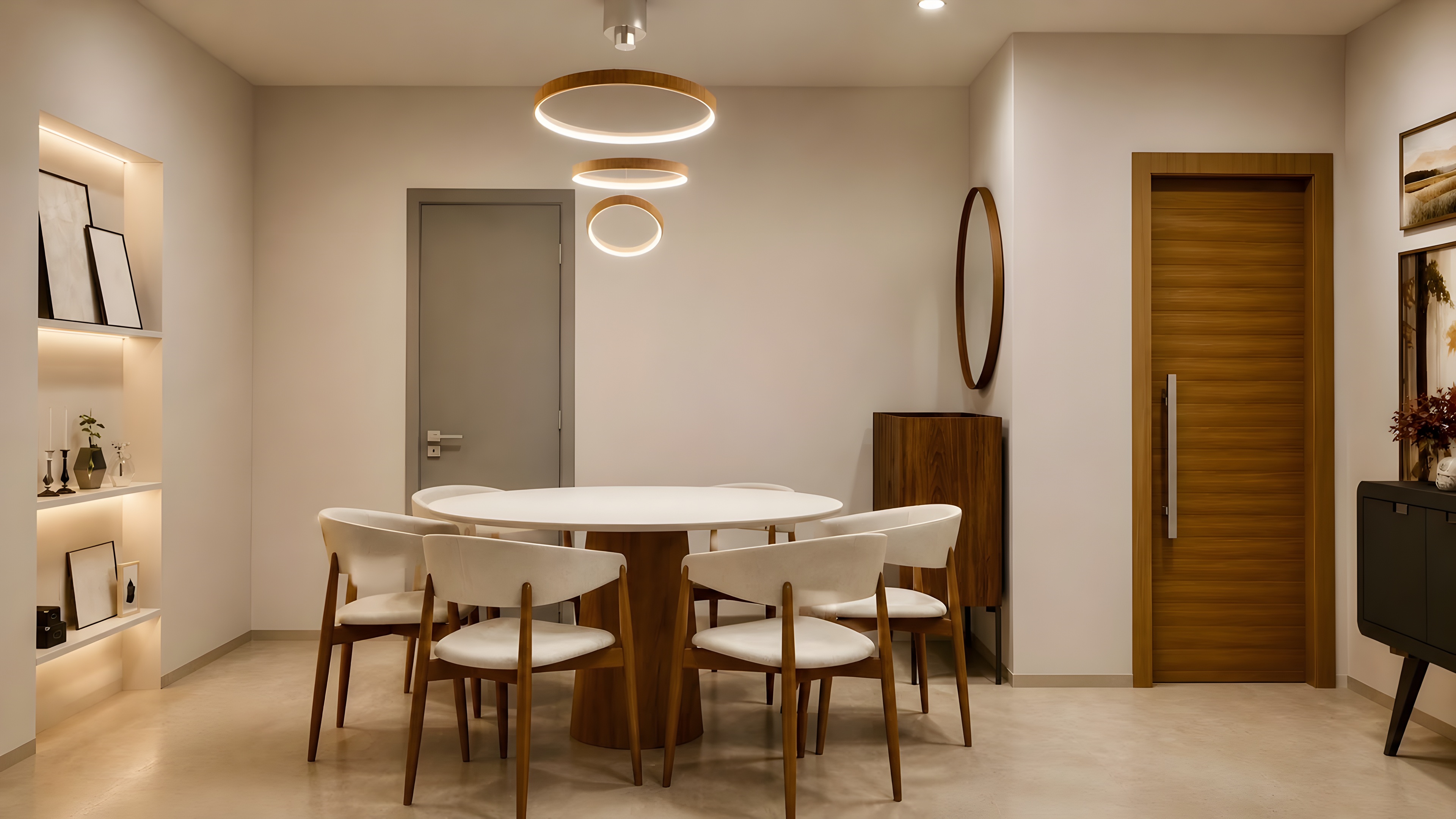 Jantar com mesa redonda, cadeiras claras, pendentes circulares e nichos iluminados