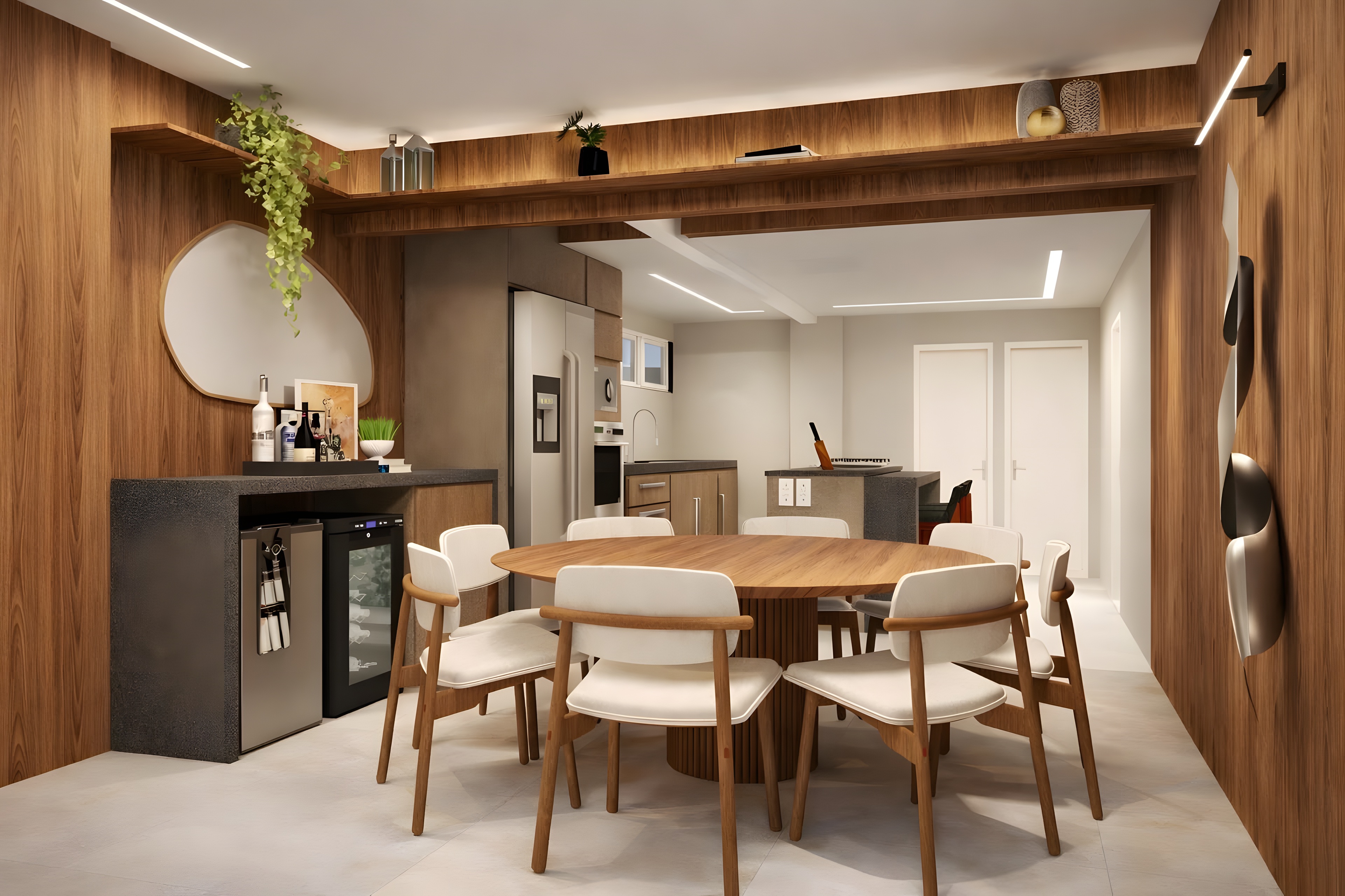 Render do jantar do Apartamento Ondina: mesa redonda em madeira, bar com adega e paredes revestidas em madeira
