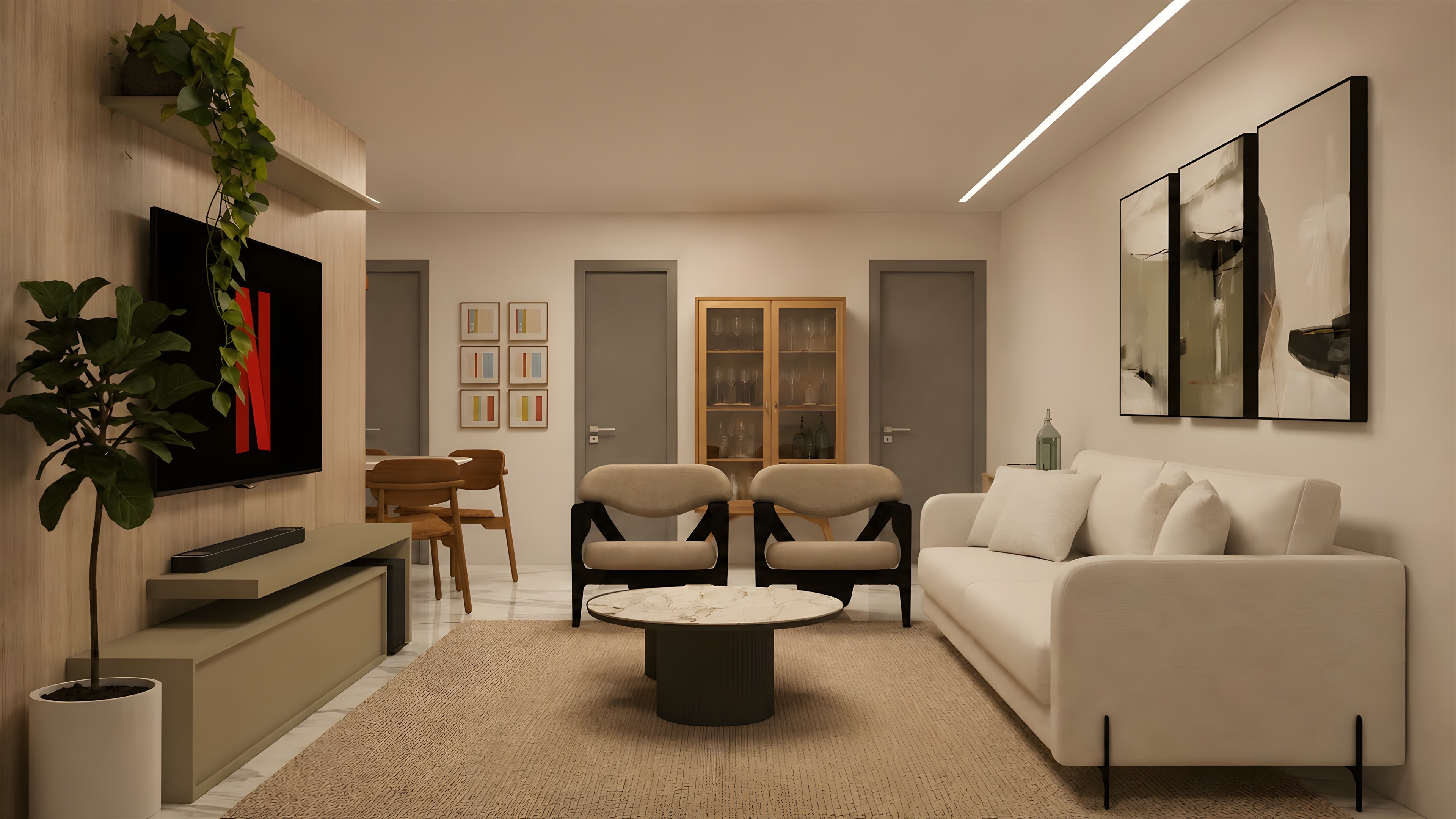 Estar com sofá claro, poltronas, painel de TV e quadros