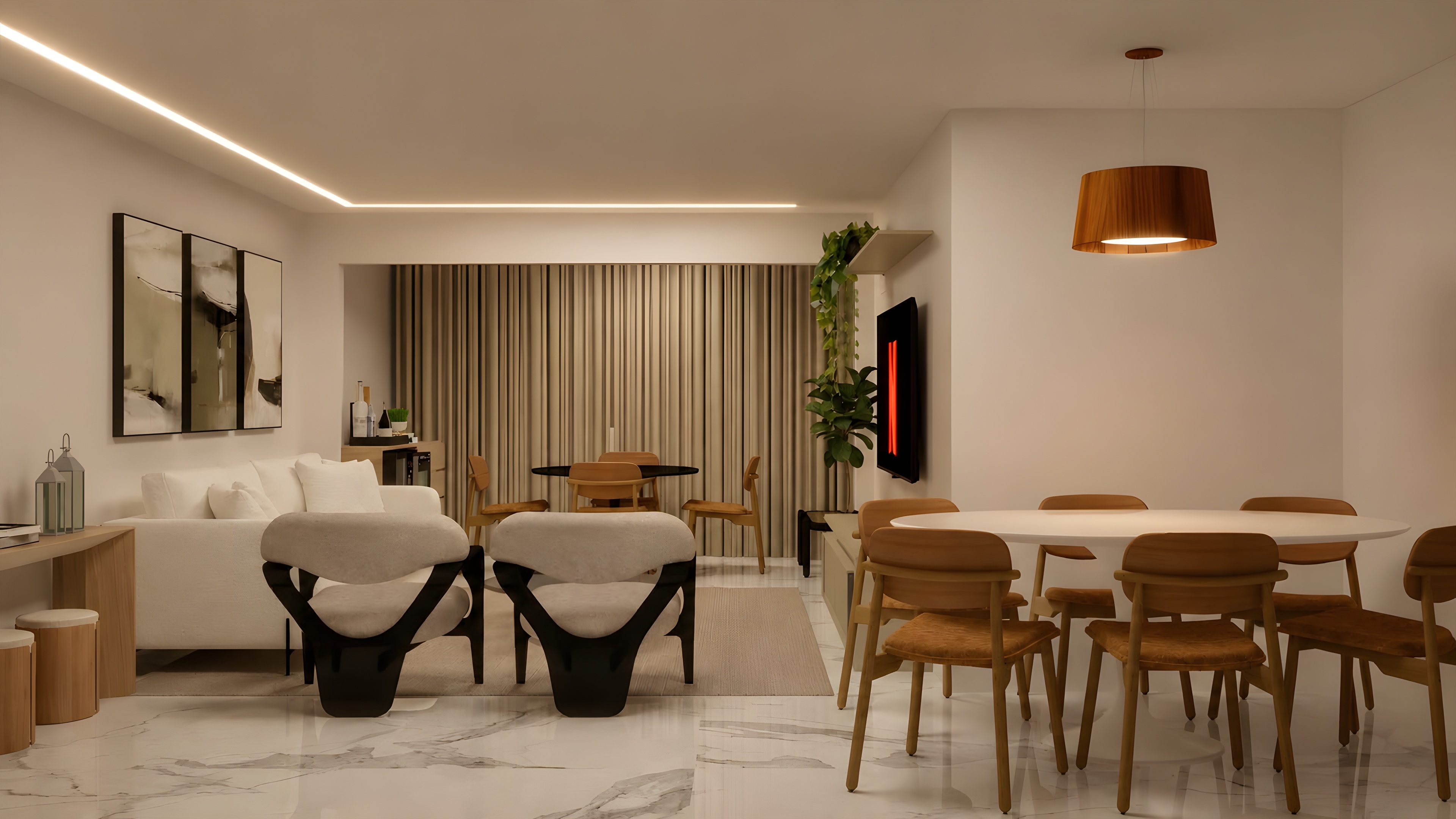 Estar e jantar integrados, mesa com cadeiras em madeira e pendente