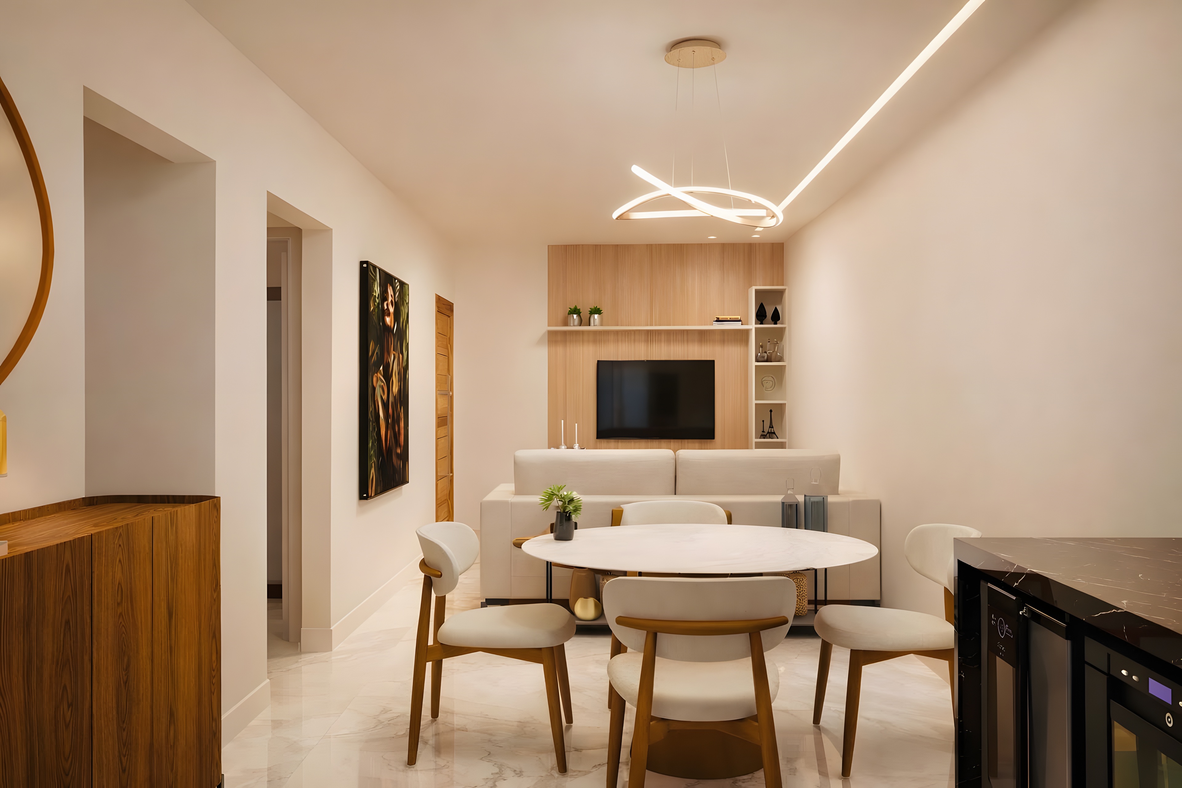 Jantar com mesa redonda, cadeiras em madeira e painel de TV ao fundo