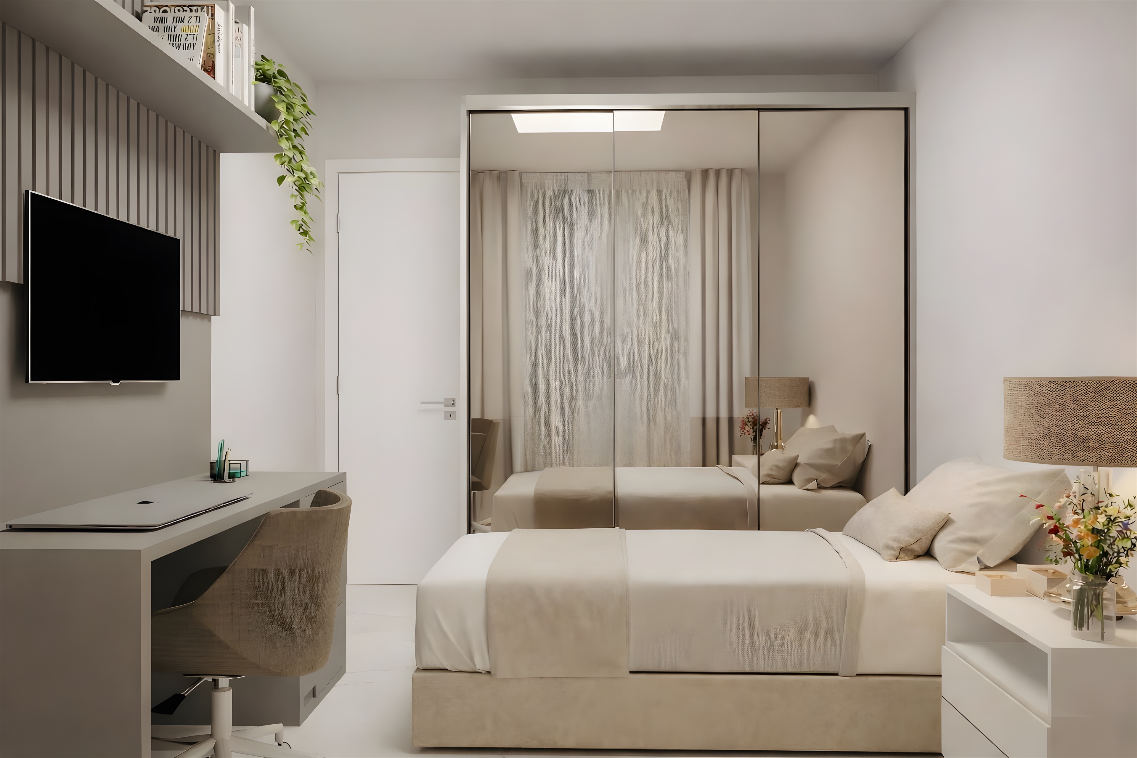 Quarto com cama de casal, armário espelhado, bancada de estudo e TV
