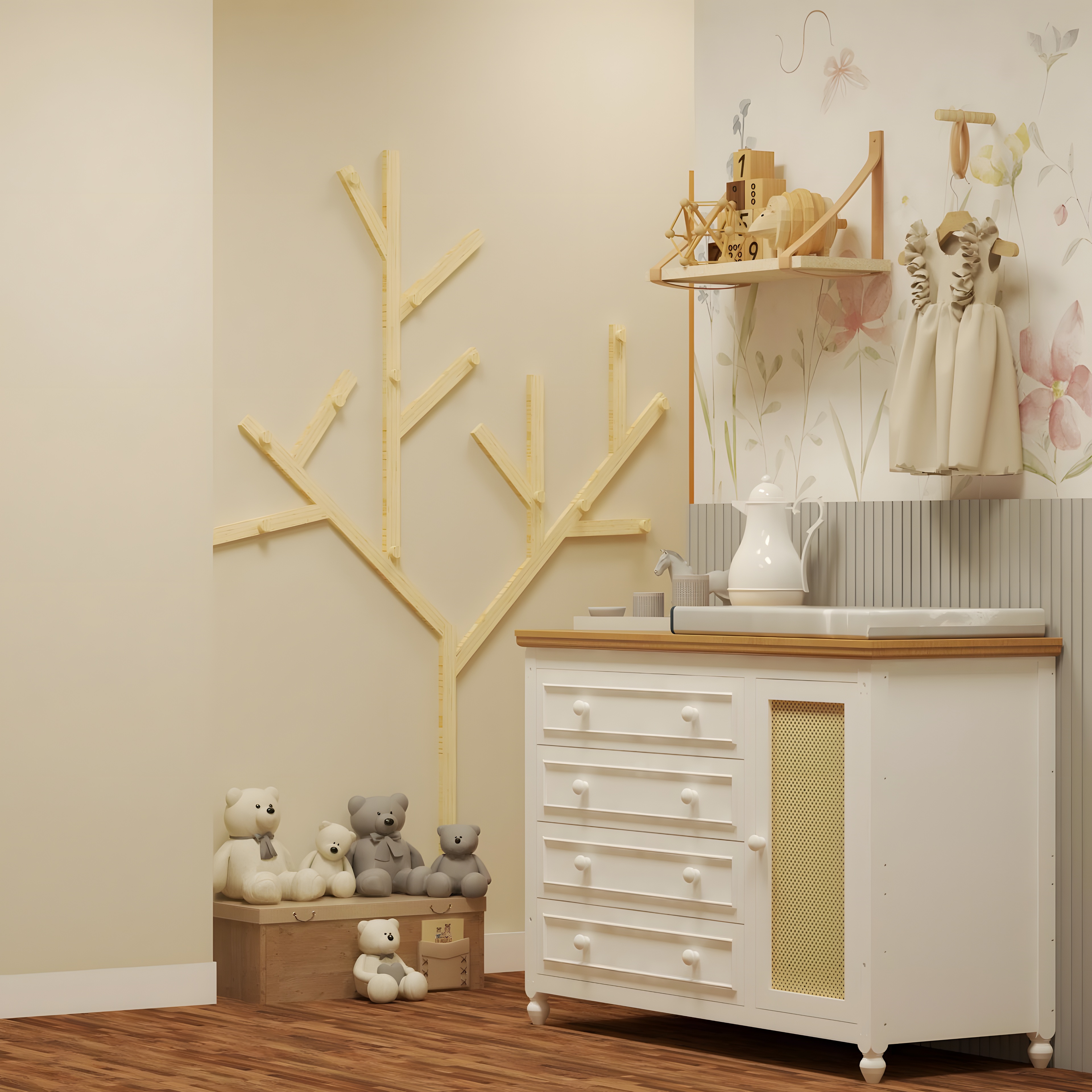 Cômoda com trocador e cabideiro em forma de árvore